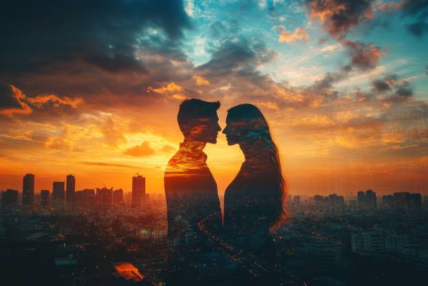 Romantic silhouette of couple at sunset over city skyline with vibrant colors