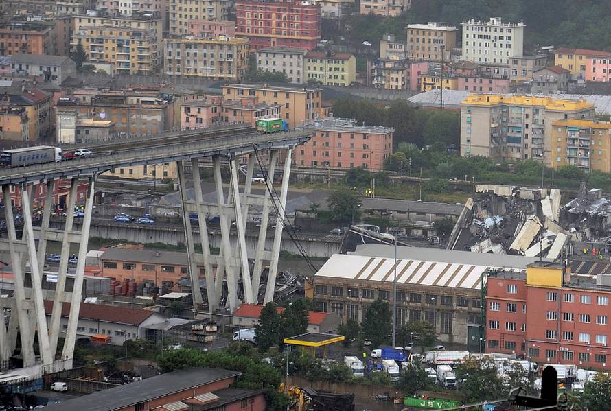The collapsed Morandi Bridge is seen in the Italian port city of Genoa