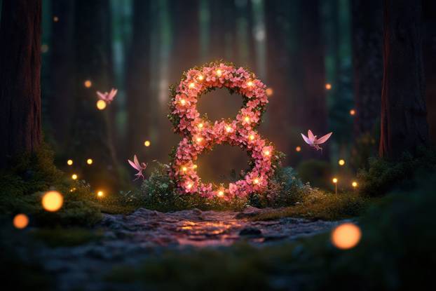 Enchanted forest with glowing fairy lights and floral number eight