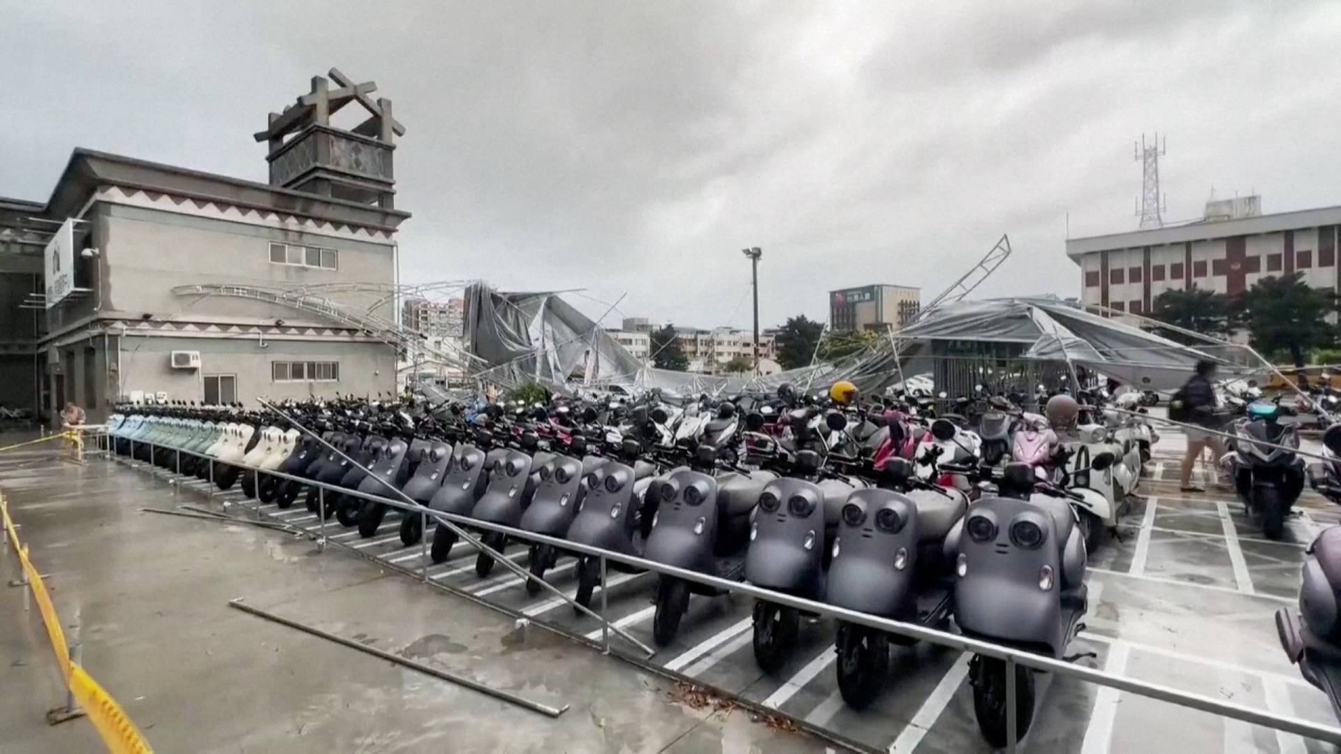 Collapsed canopy at a parking lot as Typhoon Haikui approaches, in Hualien