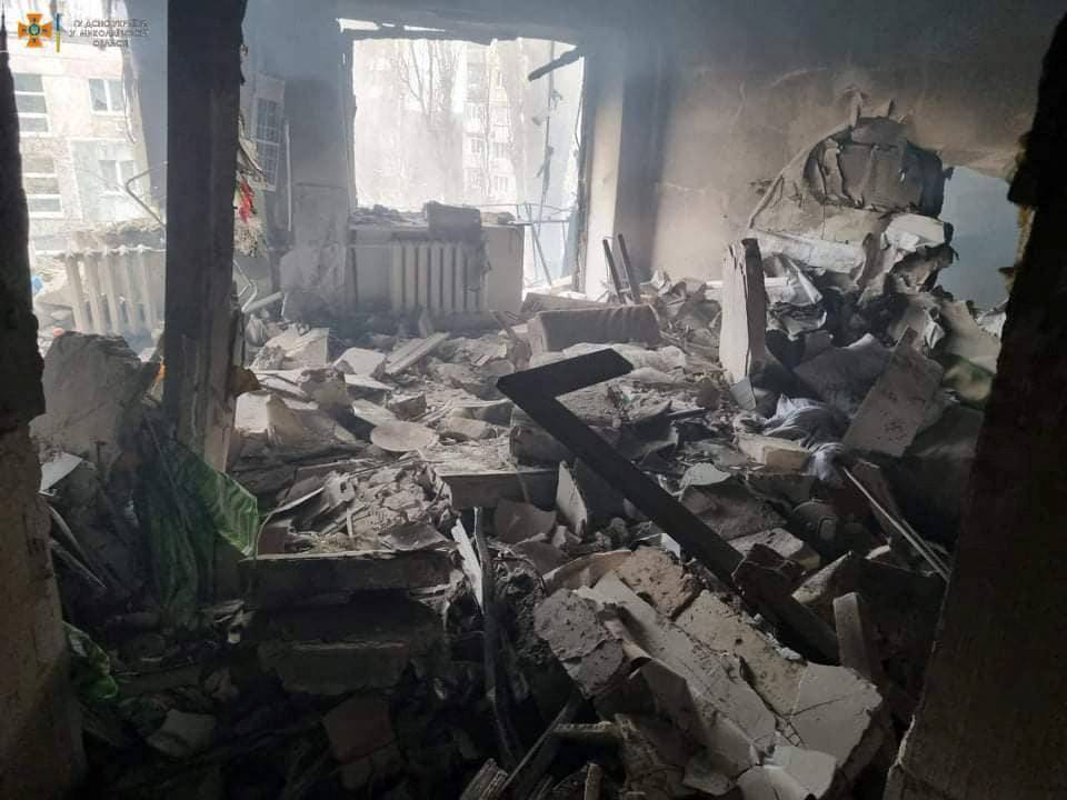 An interior view shows a residential building damaged by shelling in Mykolaiv
