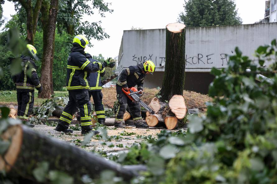 Zagreb: Vatrogasci uklanjaju stablo koje je palo u Ulici Svetog Mateja