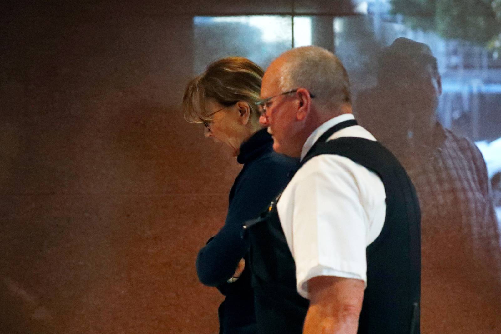 Actor Felicity Huffman departs an initial hearing for defendants in a racketeering case involving the allegedly fraudulent admission of children to elite universities, at the U.S. federal courthouse in downtown Los Angeles