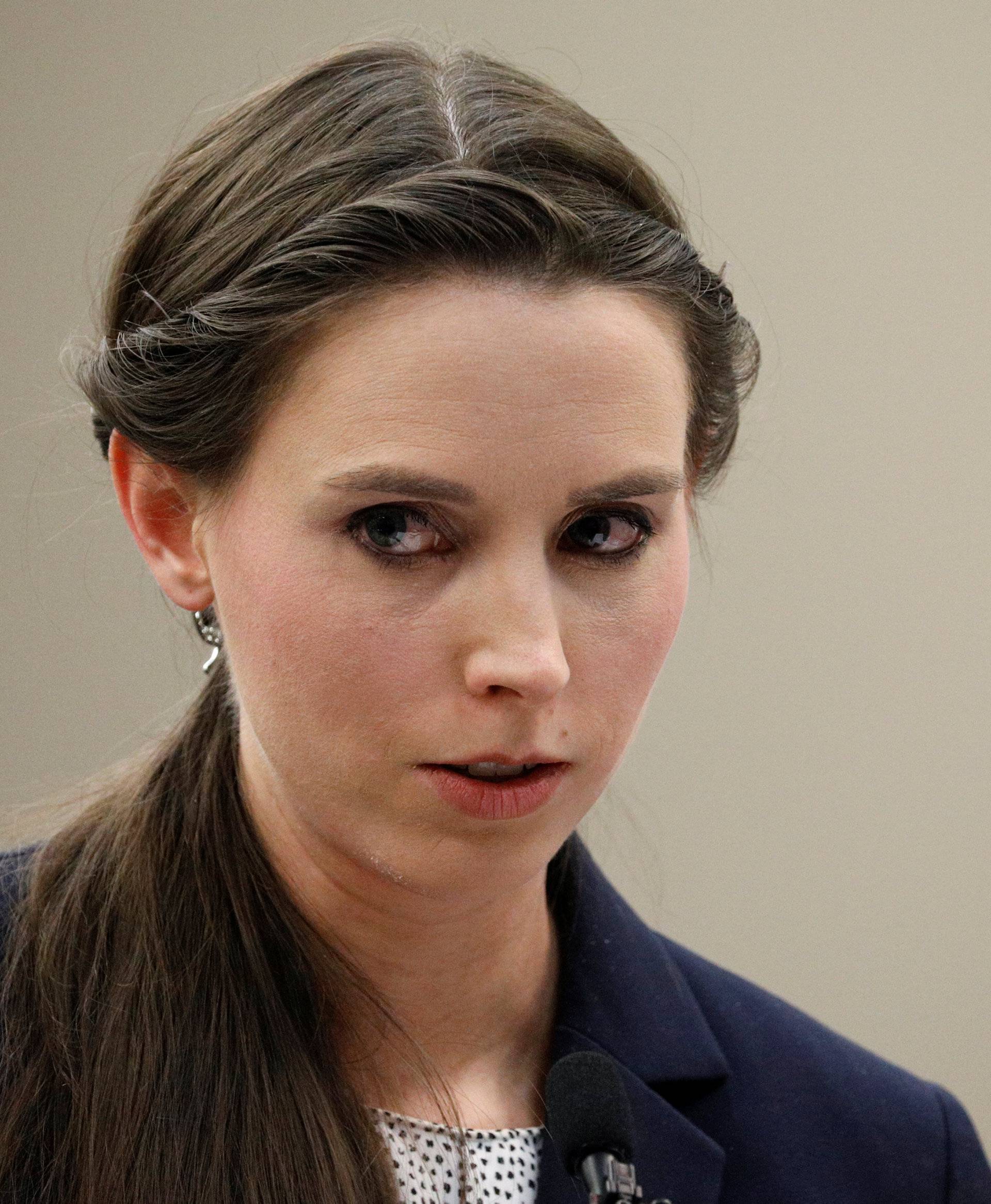 Victim Rachael Denhollander speaks at the sentencing hearing for Larry Nassar, a former team USA Gymnastics doctor who pleaded guilty in November 2017 to sexual assault charges, in Lansing