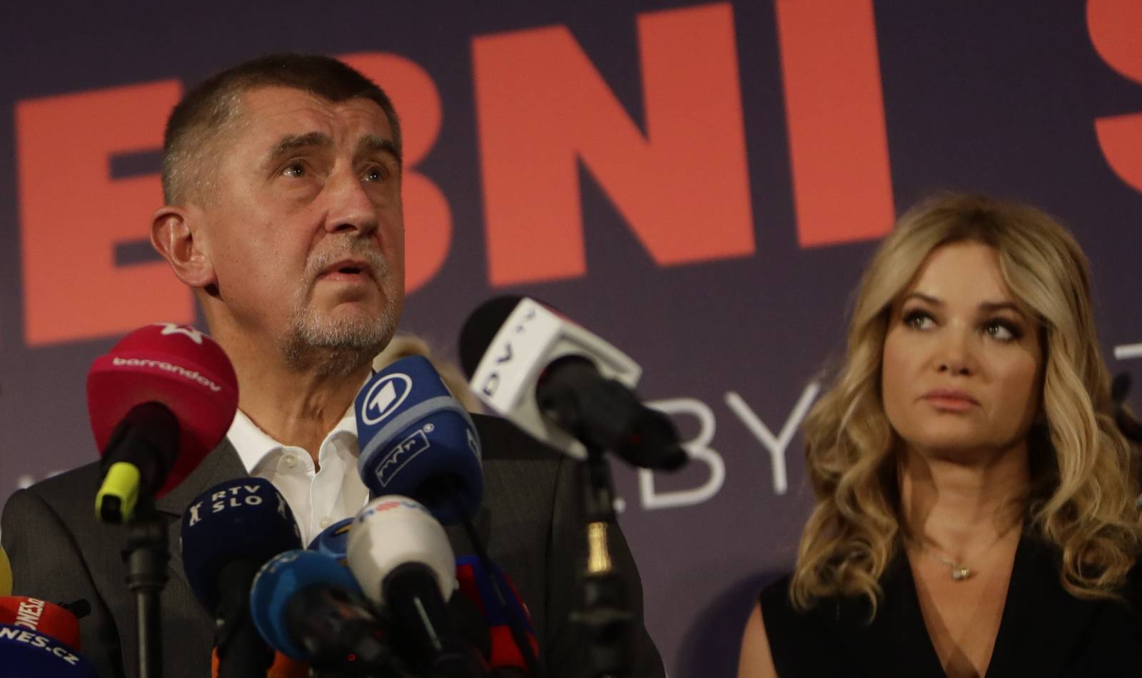 The leader of ANO party Andrej Babis and his wife Monika attend a news conference at the party's election headquarters after the countryâs parliamentary elections in Prague
