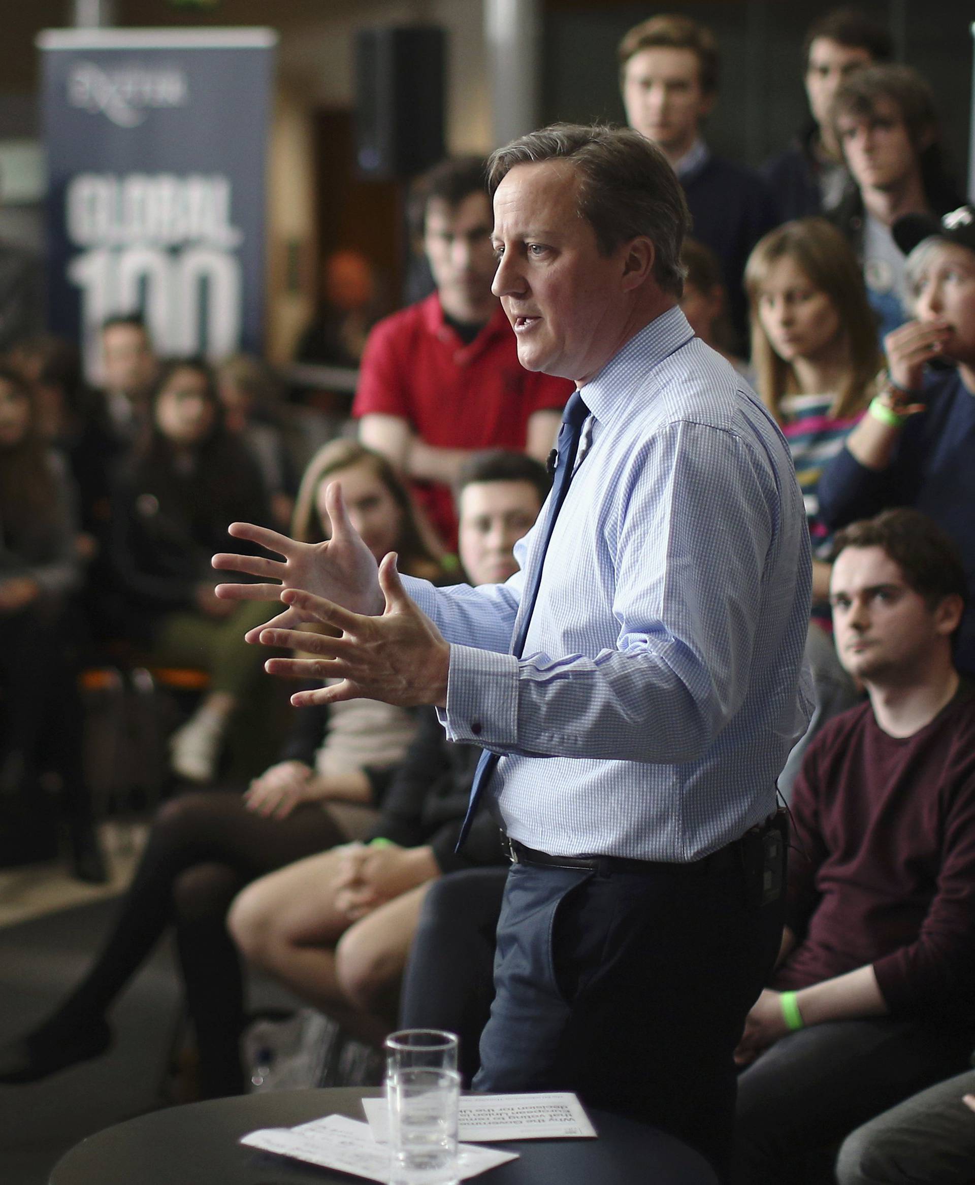 Britain's Prime Minister David Cameron addresses students at Exeter University in Exeter, Britain