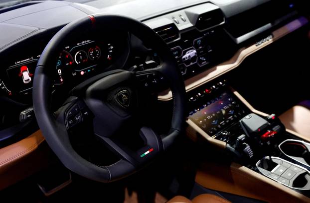FILE PHOTO: The interior of Lamborghini Urus SE, a hybrid SUV car, is pictured during its launch in New Delhi