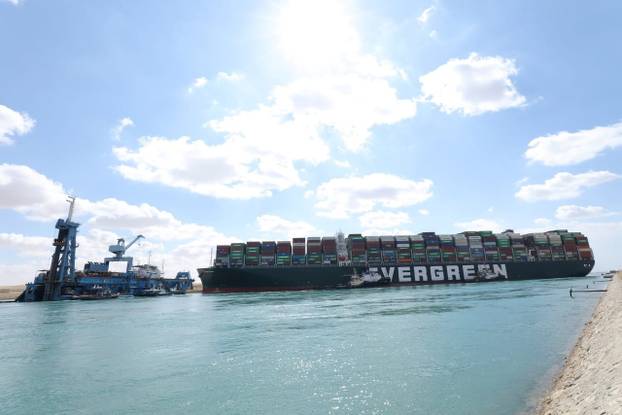 Stranded container ship Ever Given, one of the world's largest container ships, is seen after it ran aground, in Suez Canal