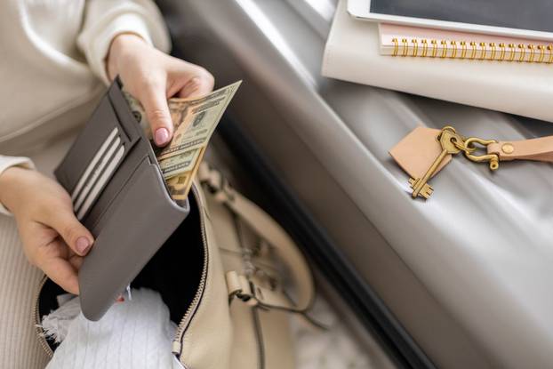 Female,Hands,Holding,Cash,Money,Dollars,In,Wallet,With,Cards