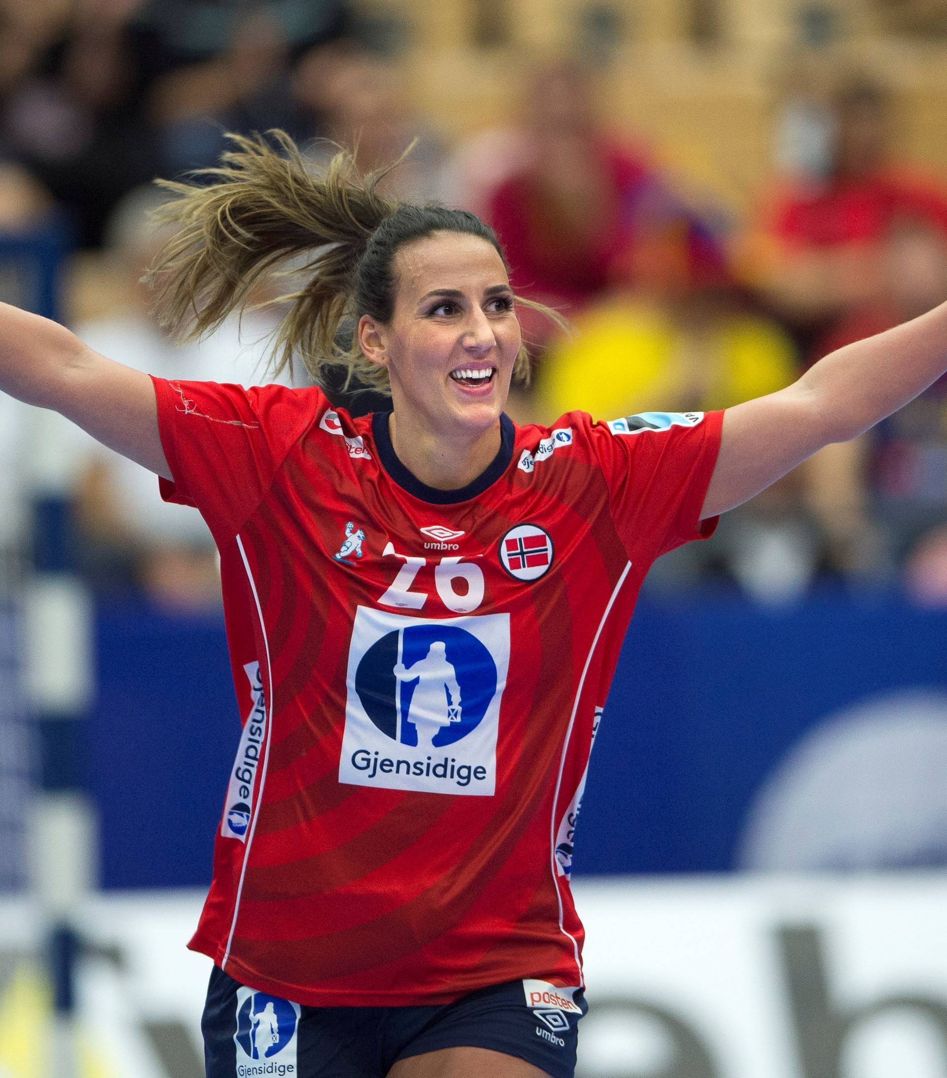 Norway's Marta Tomac cheers after scoring during the Women's European Handball Championship Group 2 match between Denmark and Norway in Helsingborg