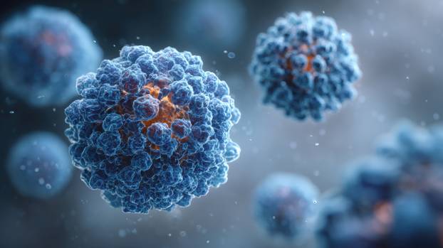 Close-up view of colorful viruses reveals their complex structure and surface features. The setting illustrates the microscopic world of viral entities in action