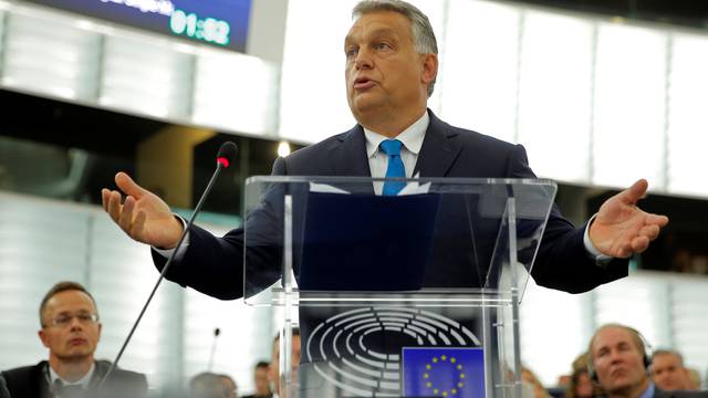 Hungarian Prime Minister Viktor Orban addresses MEPs during a debate on the situation in Hungary at the European Parliament in Strasbourg