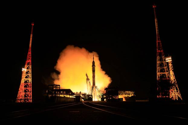 The Soyuz MS-26 spacecraft blasts off to the International Space Station (ISS) from the launchpad at the Baikonur Cosmodrome