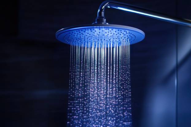 Modern Shower Head with Cascading Water in A Stylish Bathroom Setting at Night