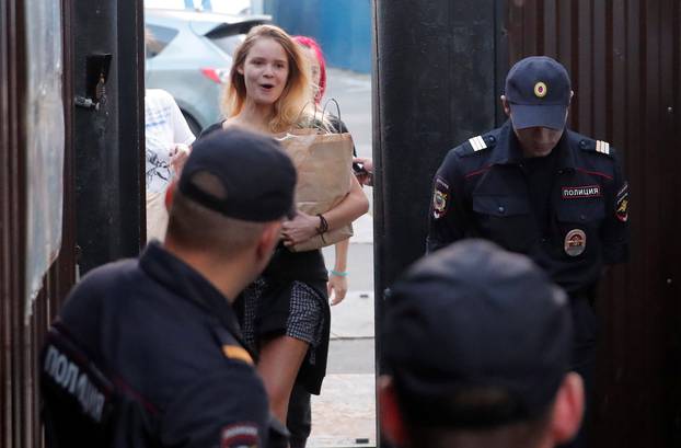 Intruders affiliated to anti-Kremlin punk band Pussy Riot, Nikulshina and Kurachyova, who ran onto the pitch during the World Cup final between France and Croatia, walk out of a detention center after leaving 15-day jail in Moscow