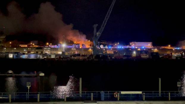 A general view of fire and smoke in Saint Helier following an explosion on the island of Jersey