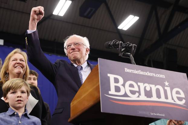 Democratic U.S. presidential candidate Senator Bernie Sanders speaks at his New Hampshire primary night rally in Manchester, N.H., U.S.