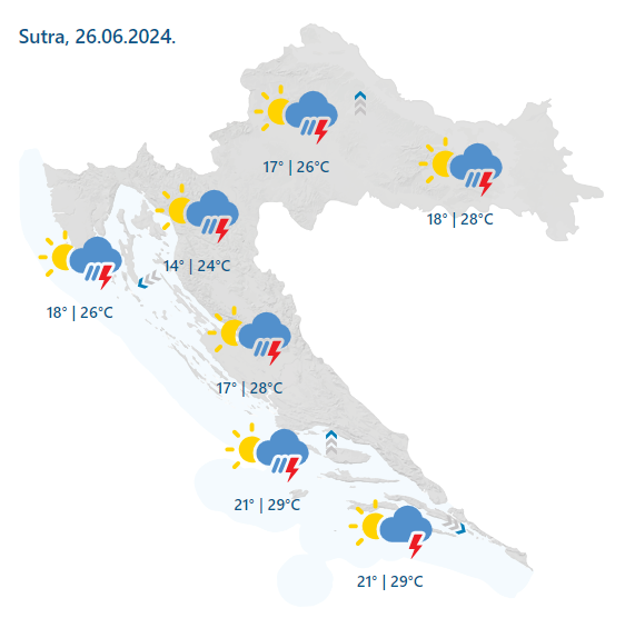 Tri regije u žutom, jedna je u narančastom: Posvuda kiša i grmljavina, mogući i pljuskovi