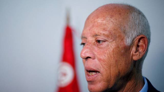 FILE PHOTO: Tunisian then-presidential candidate Kais Saied speaks during an interview with Reuters in Tunis