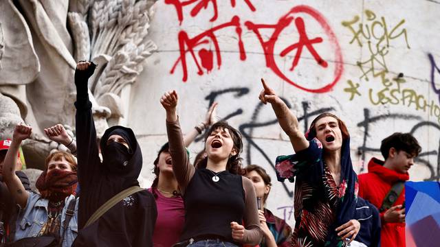 People protest against the French far-right Rassemblement National party, in Paris