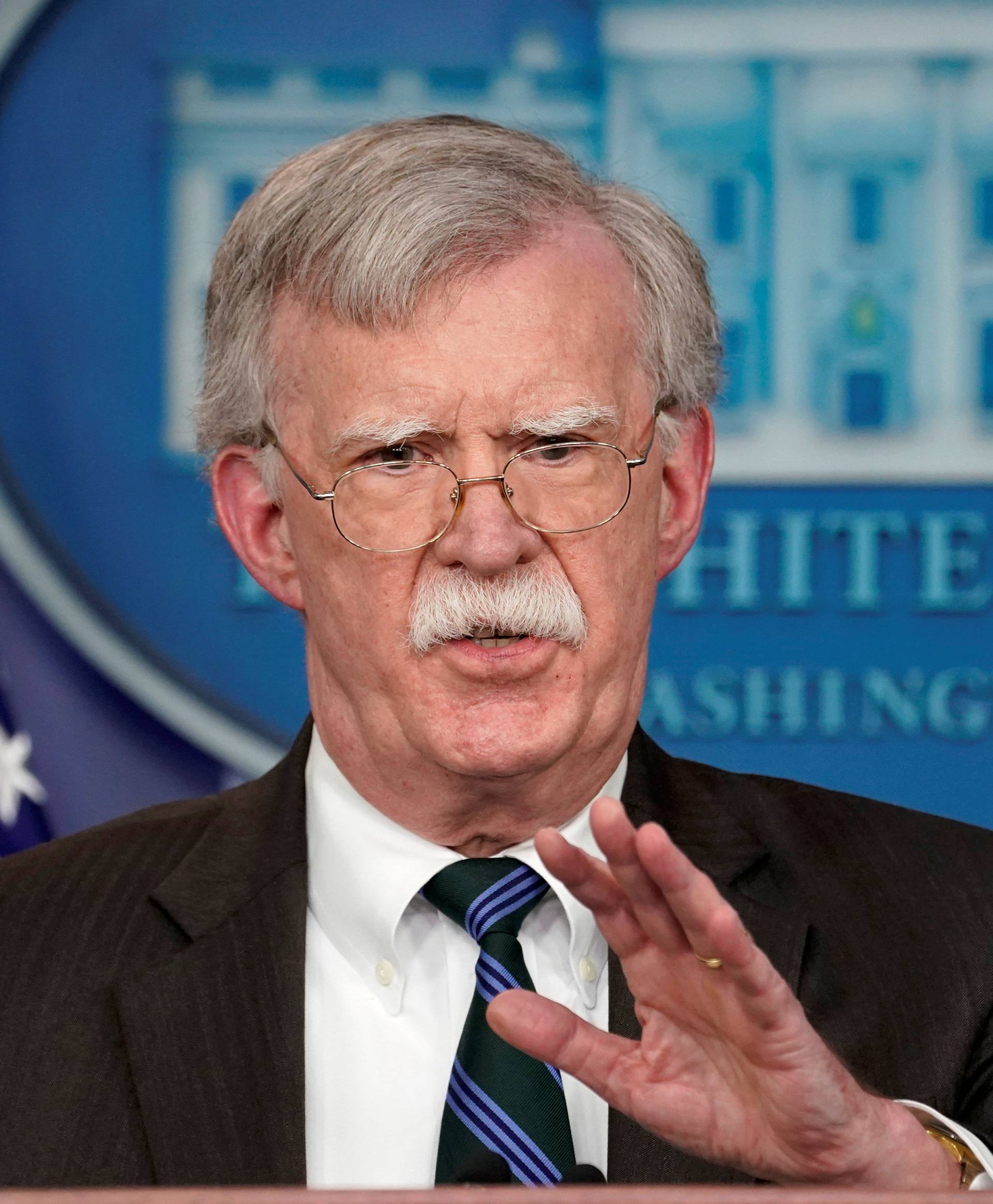 FILE PHOTO: Bolton speaks during a press briefing at the White House in Washington