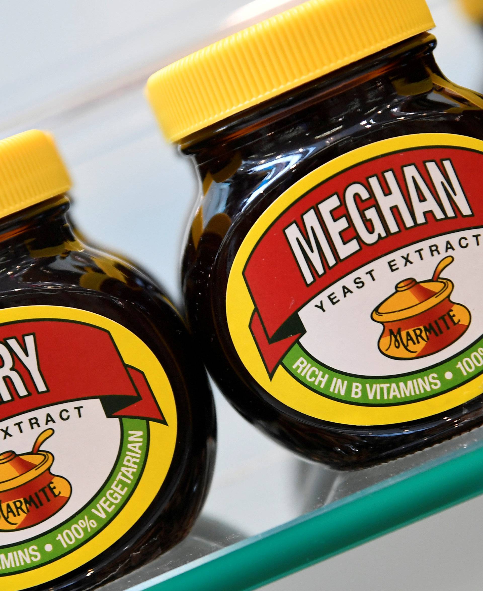 A shelf display of Marmite spread with a redesigned label for the forthcoming wedding of Britain's Prince Harry and his fiancee Meghan Markle is seen in Windsor, Britain,