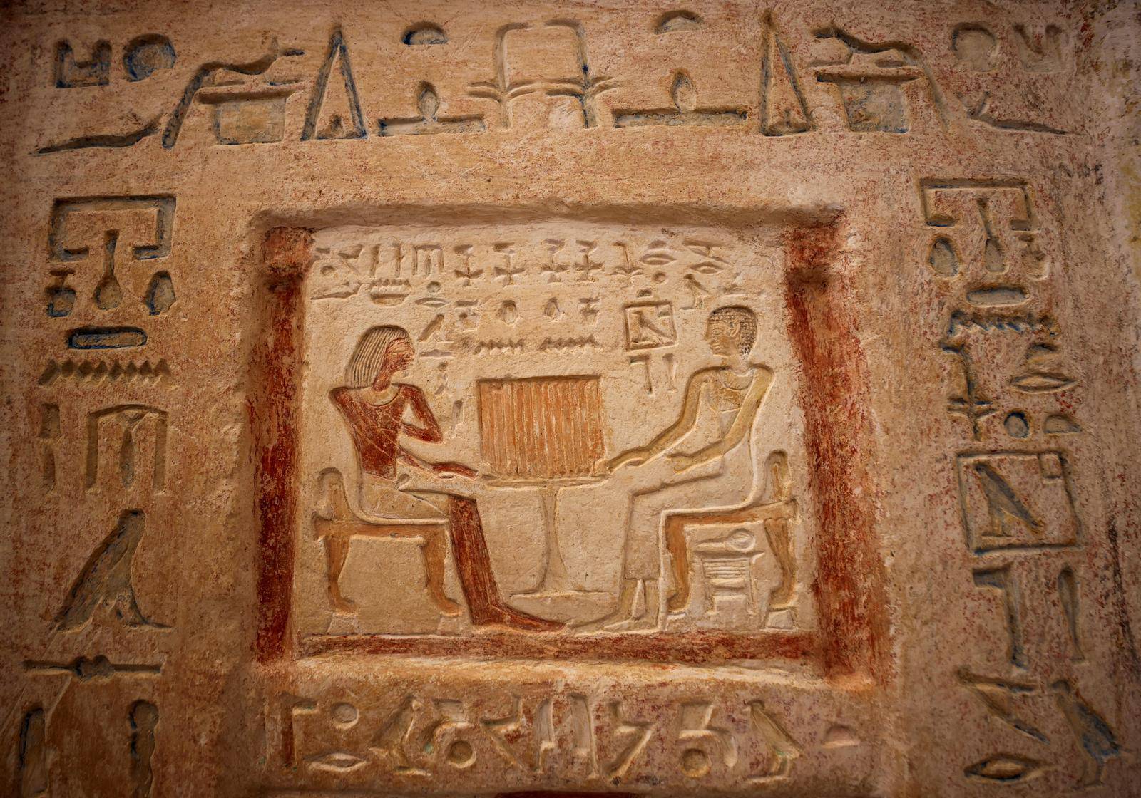An artifact displayed after the announcement of 4,300-year-old sealed tombs discovered in Egypt's Saqqara necropolis, in Giza