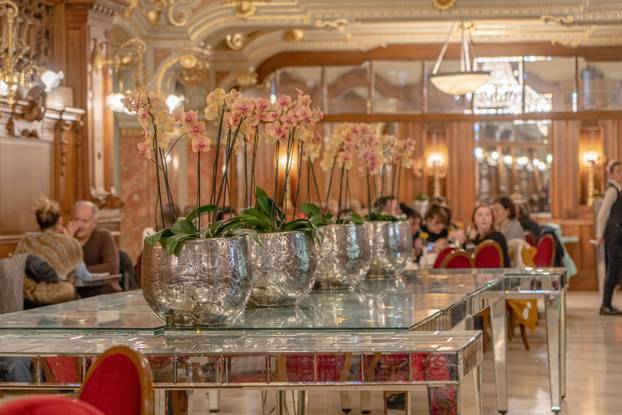 Budapest, Hungary - Feb 09, 2020: Luxury golden hall inside New York Cafe