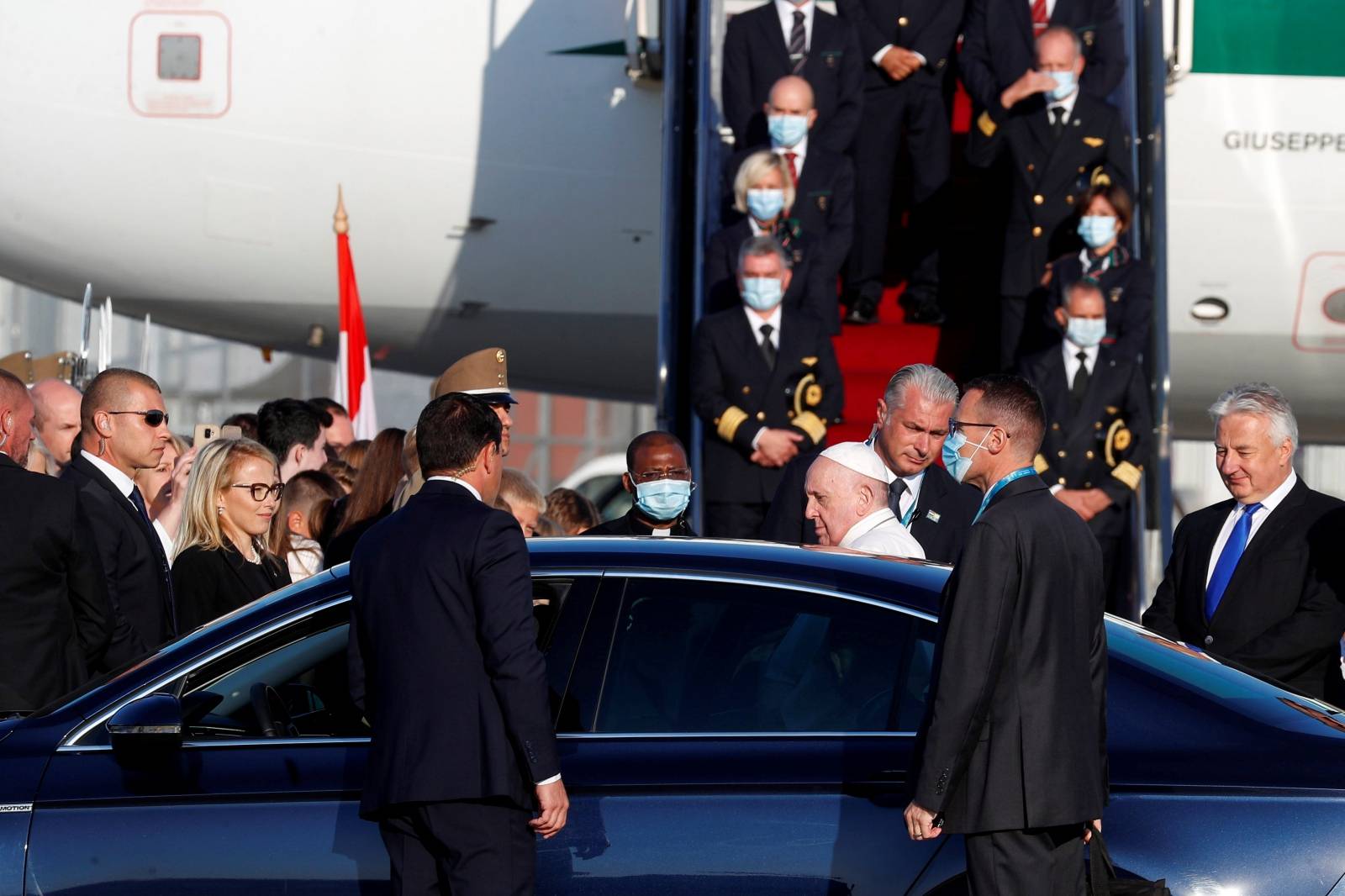 Pope Francis arrives at Budapest International Airport in Budapest, Hungary