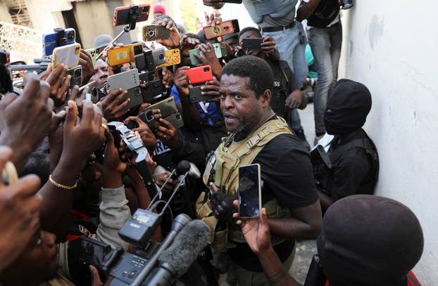 Former police officer Jimmy "Barbecue" Cherizier holds press conference, in Port-au-Prince