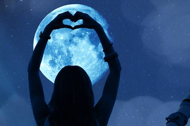 Girl holding a heart - shape with telescope, Moon and stars. My astronomy work.