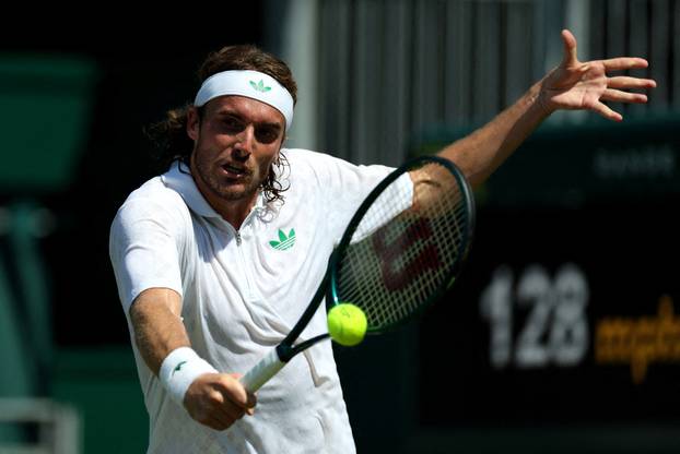 FILE PHOTO: Stefanos Tsitsipas in action at Wimbledon