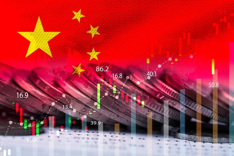 Double,Exposure,Of,China,Flag,On,Coins,Stacking,And,Stock