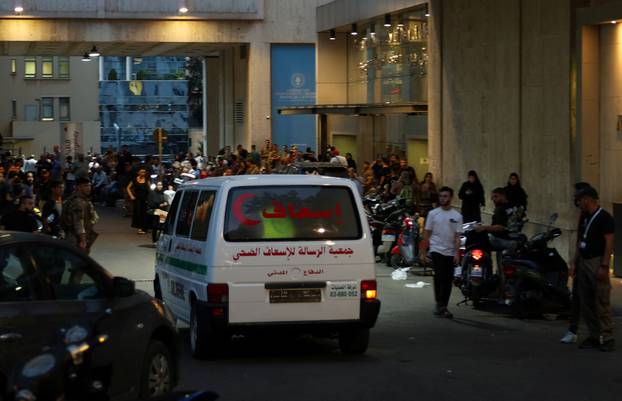 An ambulance vehicle arrives to American University of Beirut Medical Center (AUBMC) in Beirut