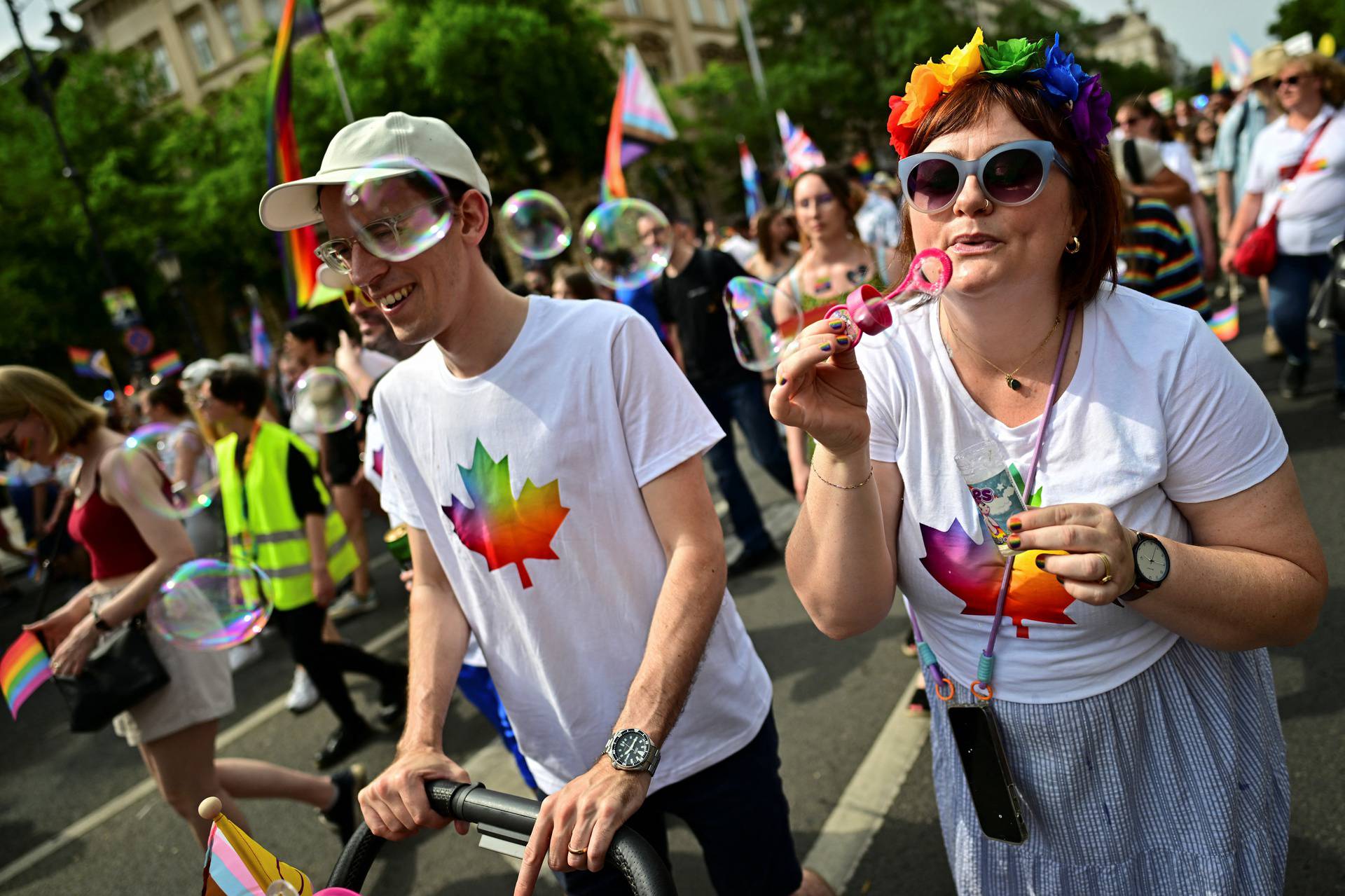 People attend the annual Pride march in Budapest