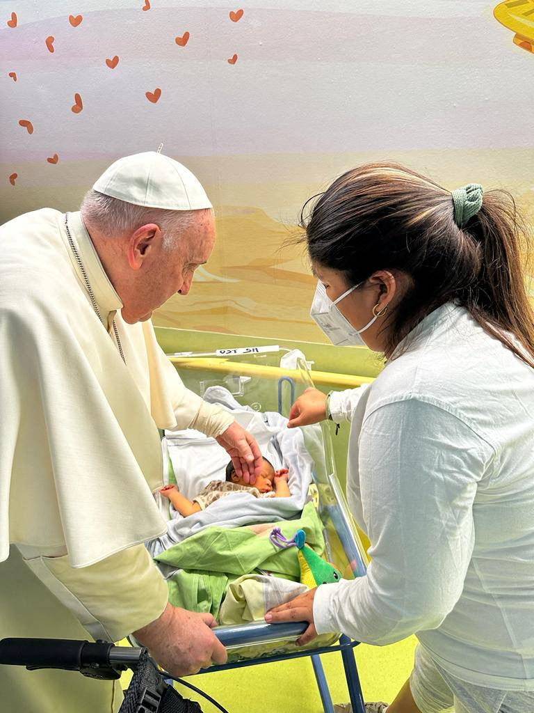 Pope Francis visits the children's cancer ward at the Gemelli hospital in Rome