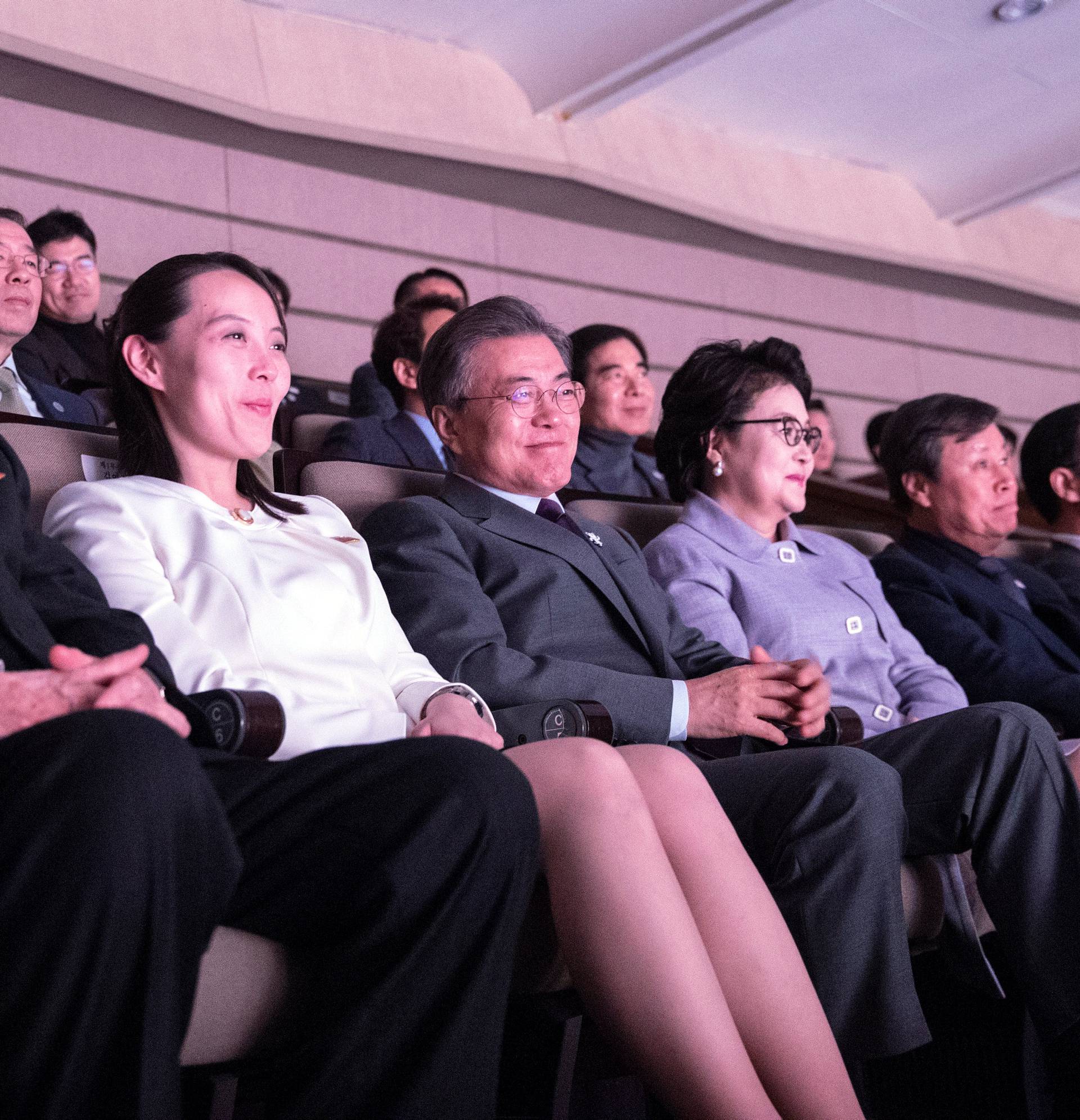 South Korean President Moon Jae-in, president of the Presidium of the Supreme People's Assembly of North Korea Kim Young Nam and Kim Yo Jong, the sister of North Korea's leader Kim Jong Un, watch the North Korea's Samjiyon Orchestra's performance in Seoul