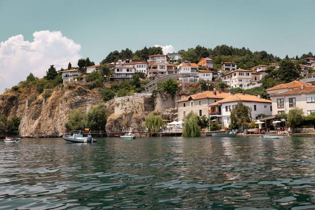Old houses at the shore of Ohrid lake North Macedonia