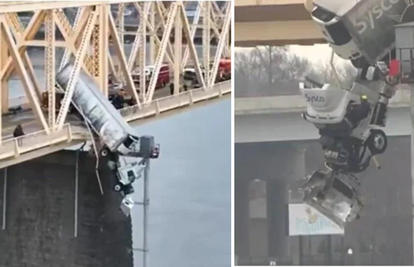 Nevjerojatna snimka iz SAD-a: Kamionom je probila zaštitnu ogradu mosta i ostala visjeti!