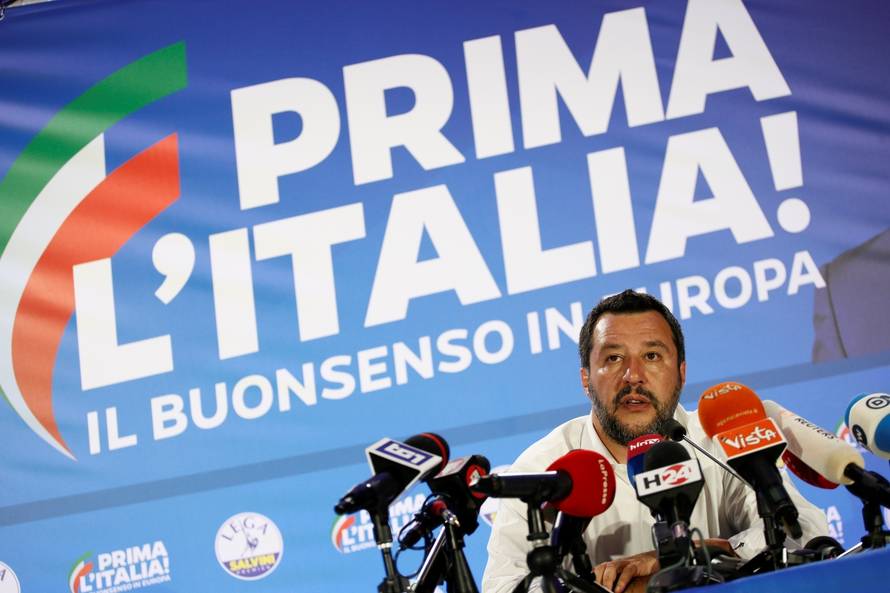 Italian Deputy Prime Minister and leader of far-right League party Matteo Salvini speaks during his European Parliament election night event in Milan