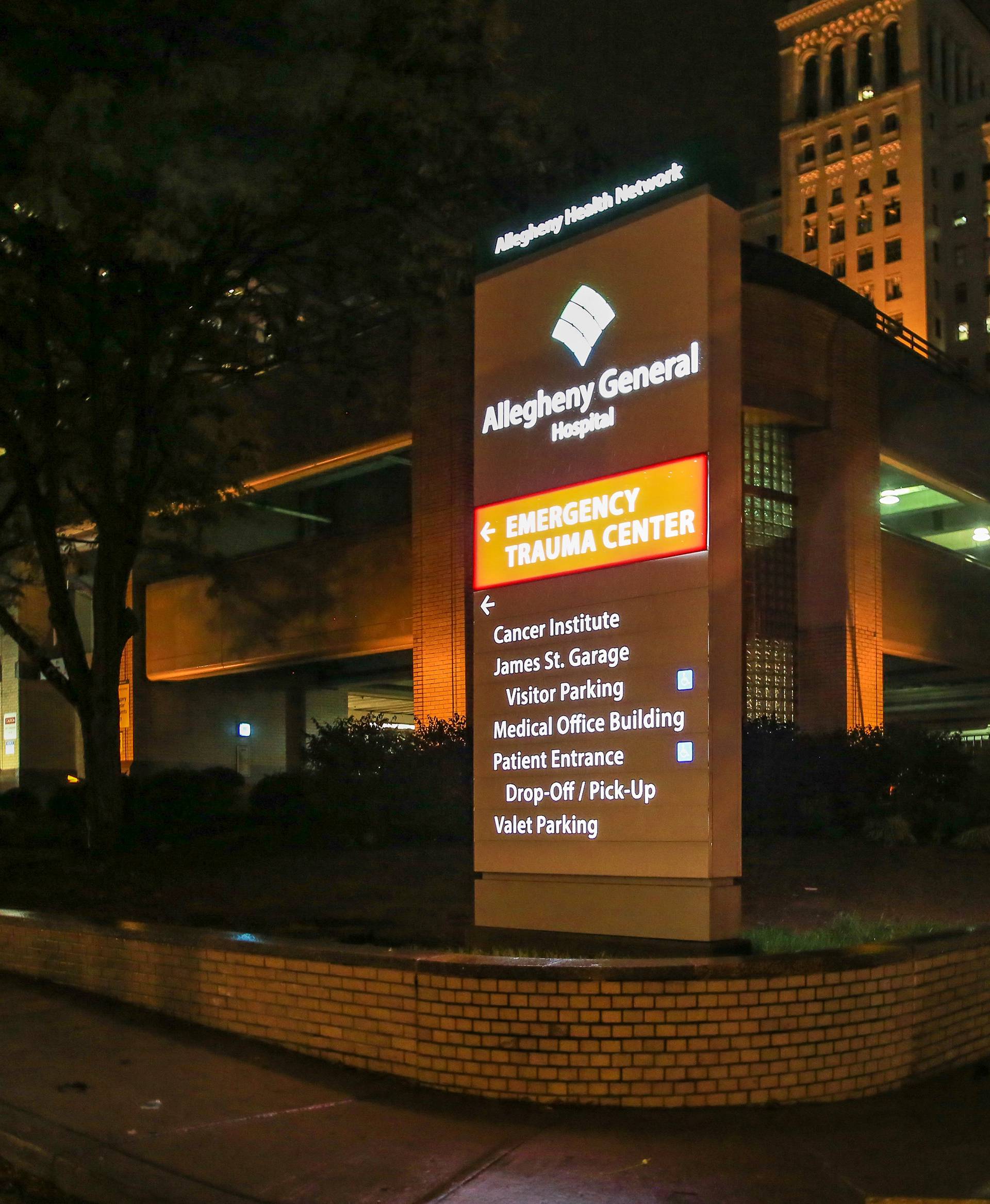 Entrance to the Emergency Trauma Center at Allegheny General Hospital, where authorities say Saturday's Tree of Life synagogue shooting suspect Robert Bowers is hospitalized in Pittsburgh