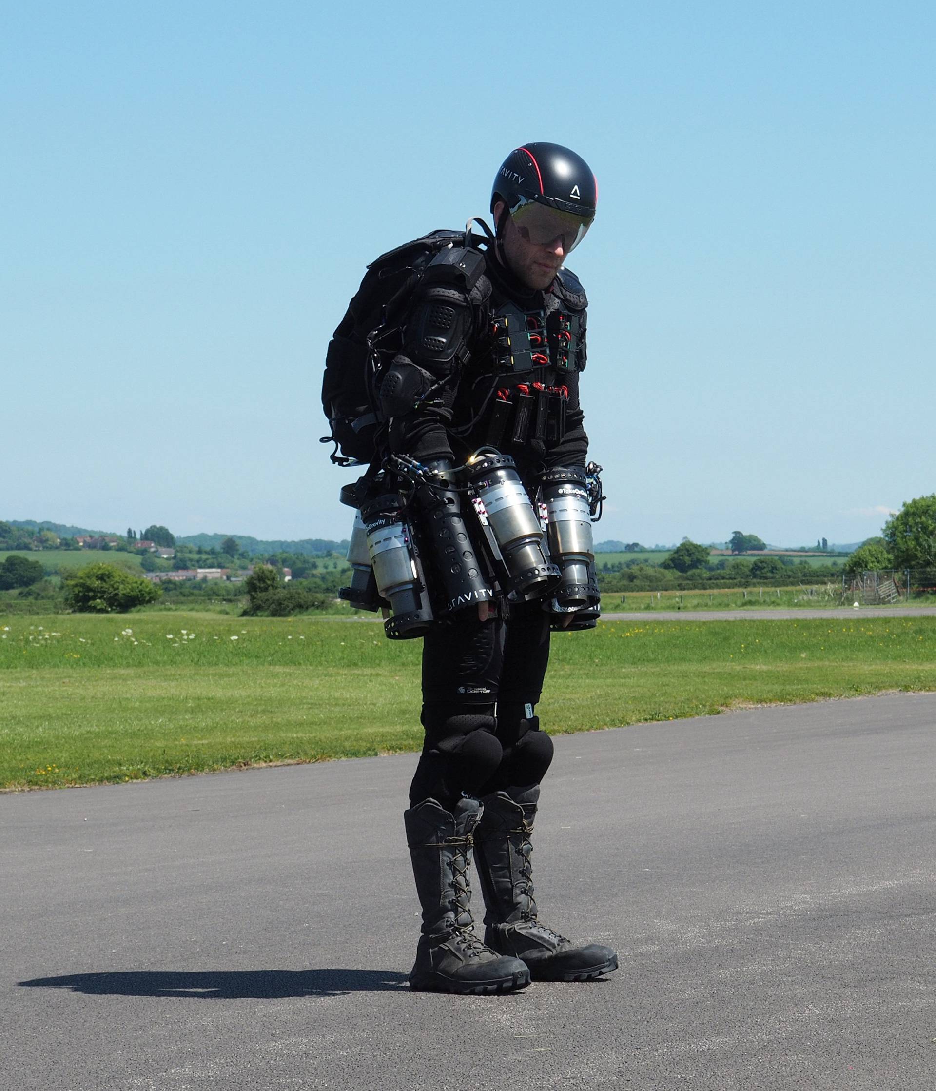 Inventor Richard Browning of technology startup Gravity prepares to take off in his ÃDaedeausÃ jet suit at Henstridge airfield in Somerset