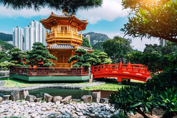 Traditional,Golden,Pavilion,And,Red,Bridge,In,Lush,Garden,,Public