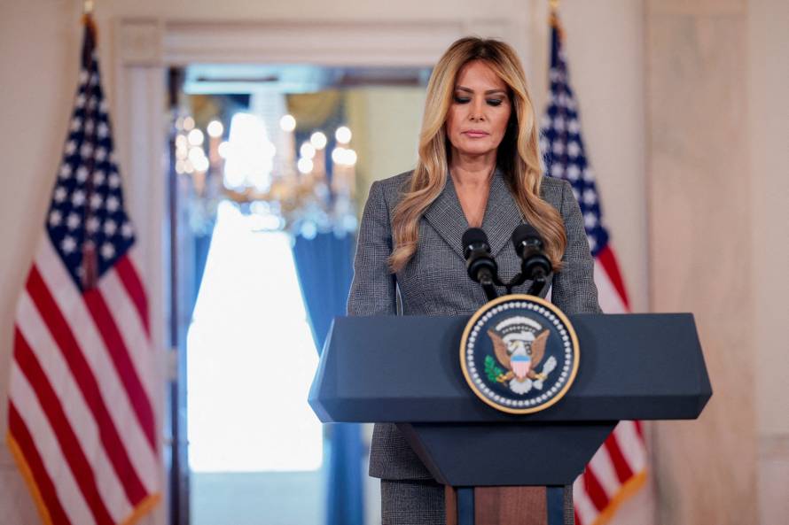 U.S. first lady Melania Trump delivers remarks regarding Jeffrey Epstein, from the White House in Washington