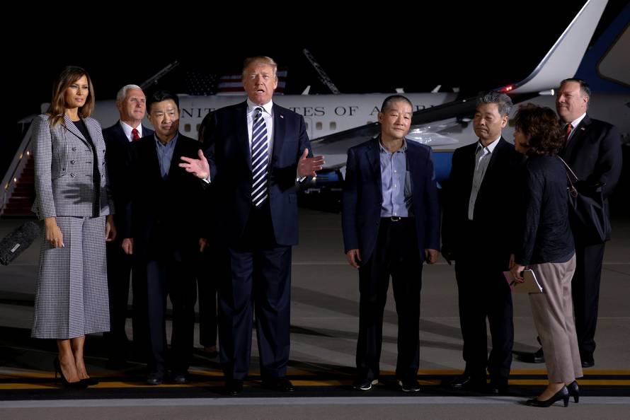 U.S.President Donald Trump speaks to the media as he meets the Americans released from detention in North Korea, Tony Kim, Kim Hak-song and Kim Dong-chul, upon their arrival at Joint Base Andrews