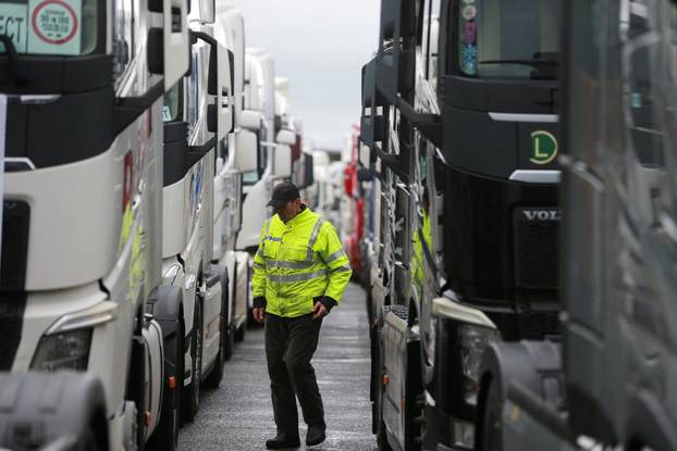 Protest by truck drivers and transport union representatives over disruptions linked to the European Union's new Entry-Exit System, in Gevgelija