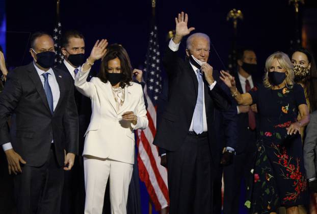 Democratic 2020 U.S. presidential nominee Biden and vice presidential nominee Harris celebrate at their election rally in Wilmington