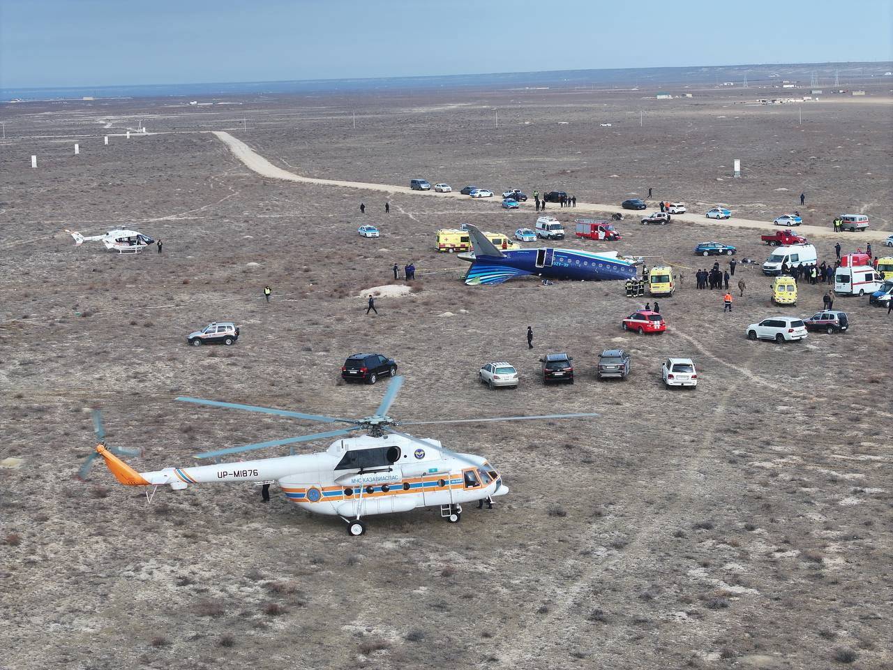 A drone view shows the crash site of a passenger plane near Aktau