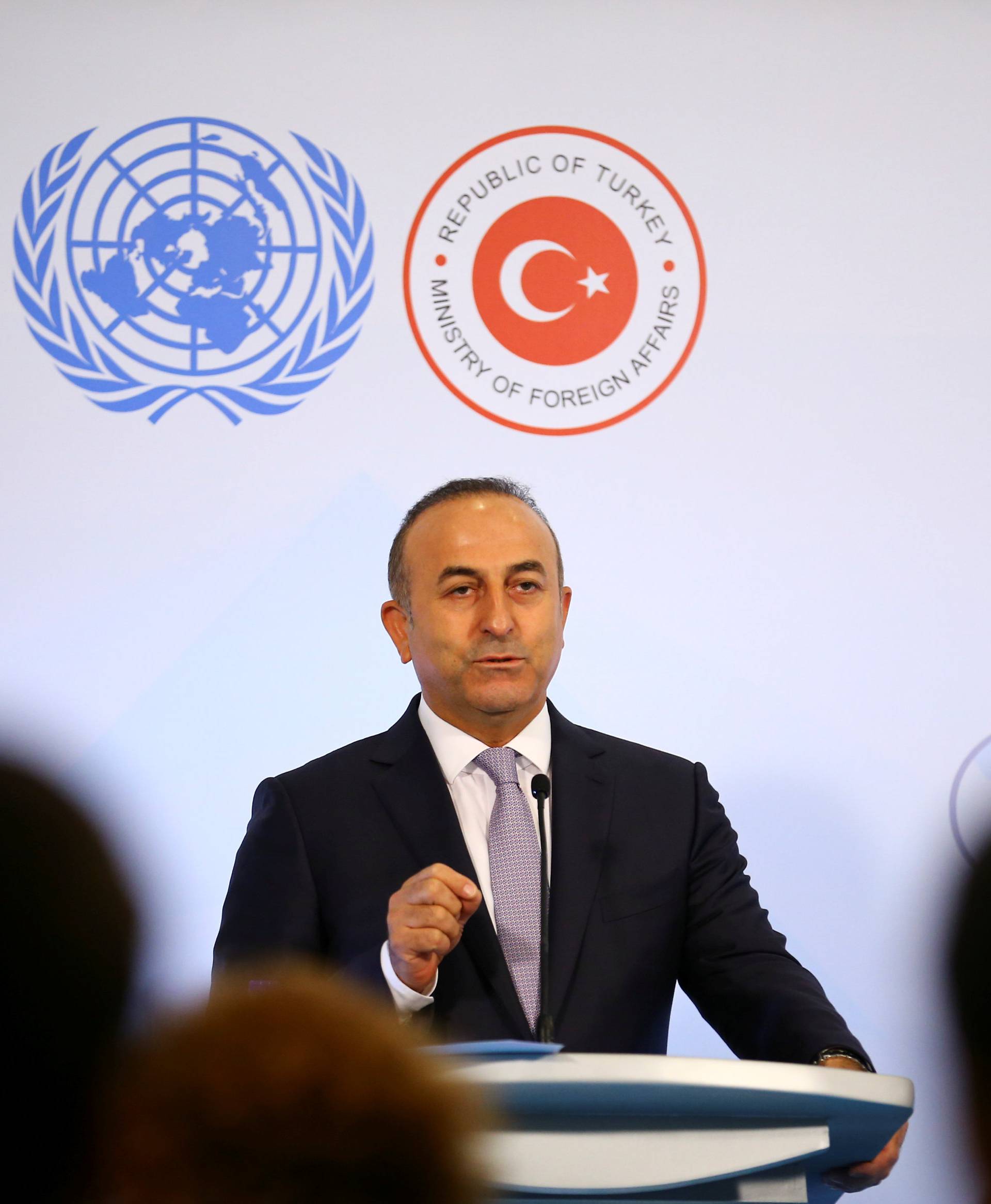 Turkey's Foreign Minister Cavusoglu speaks during a news conference at a UN summit in Antalya