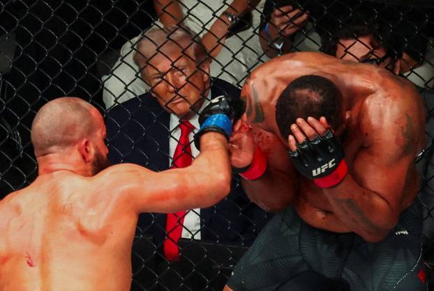 U.S. President Donald Trump attends the UFC 327 event at Kaseya Center in Miami
